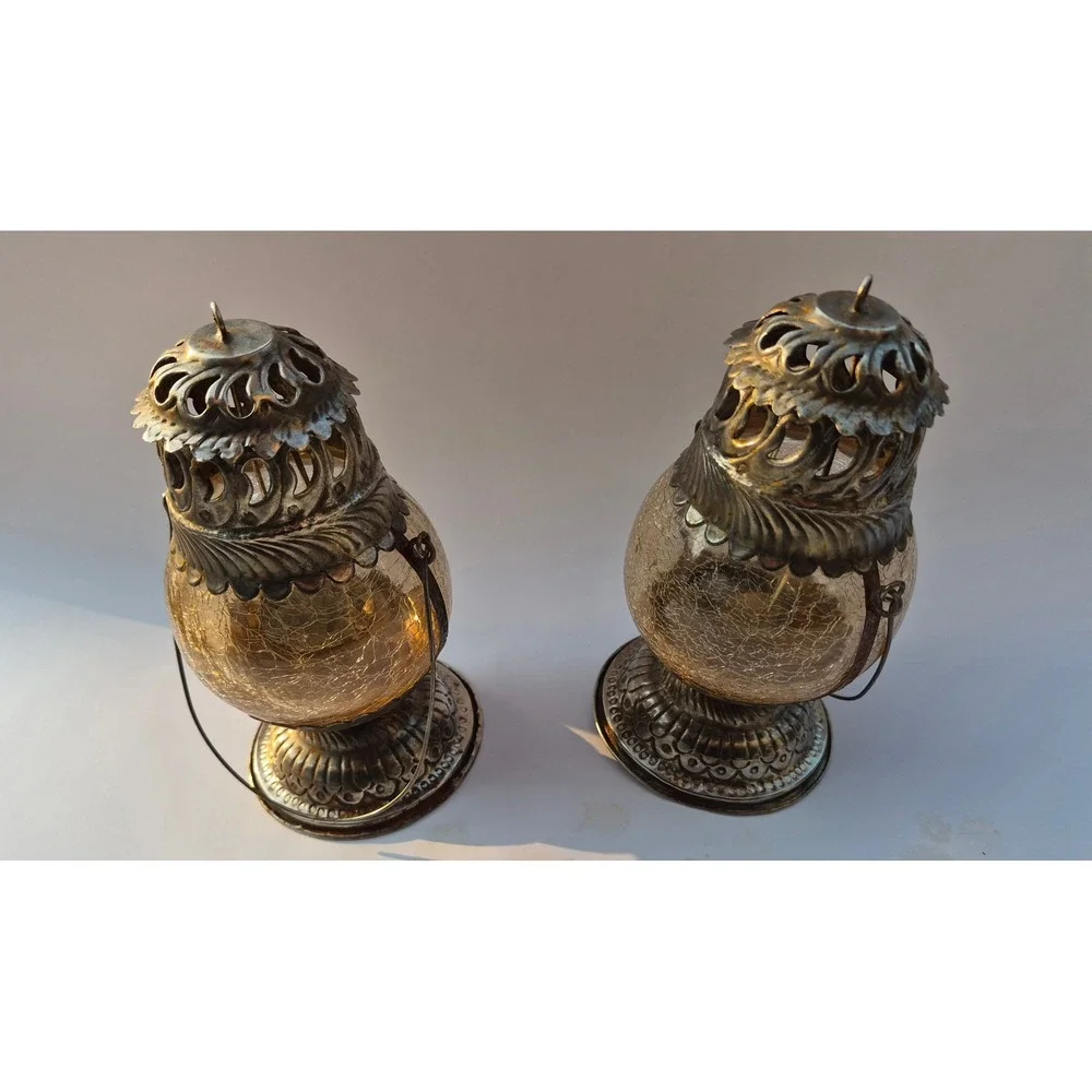 Vintage Silver Tone Crackle Glass Tea Light Lanterns Set of 2 Amber Boho Decor